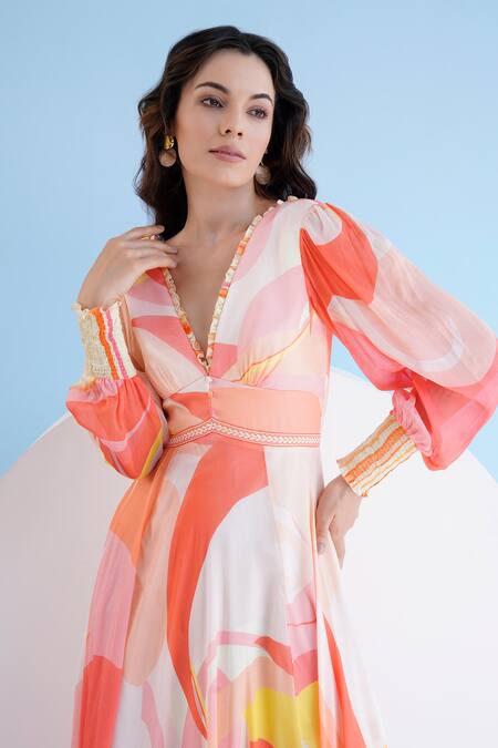 Shop Mandira Wirk Resort Multi Color Chiffon Plunge Neck Ratio Print Maxi Dress Online at Aza Fashions Shop_Mandira Wirk Resort_Multi Color Chiffon Plunge Neck Ratio Print Maxi Dress _Online_at_Aza_Fashions
