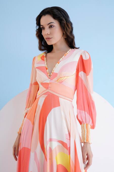 Mandira Wirk Resort Multi Color Chiffon Plunge Neck Ratio Print Maxi Dress at Aza Fashions Mandira Wirk Resort_Multi Color Chiffon Plunge Neck Ratio Print Maxi Dress _at_Aza_Fashions