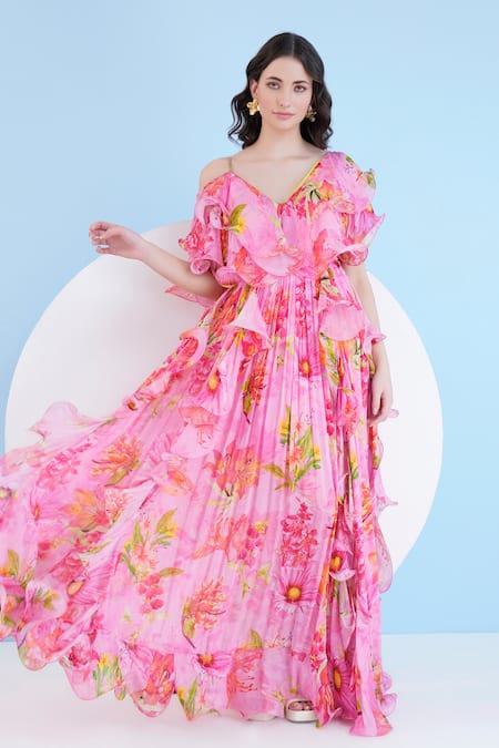 Mandira Wirk Pink Chiffon Lilium Floral V Neck Cascade Drape Maxi Dress