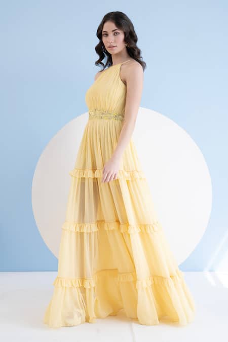 Buy_Mandira Wirk Resort_Yellow Viscose, Georgette Beads, Sequins Halter Neck Tiered Maxi Dress _Online_at_Aza_Fashions