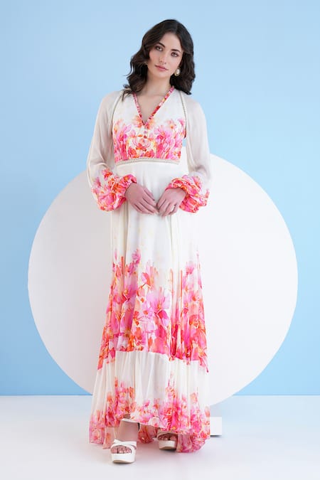 Mandira Wirk Resort_Beige Chiffon Embroidery V-neck Bauhinia Print Maxi Dress _Online_at_Aza_Fashions