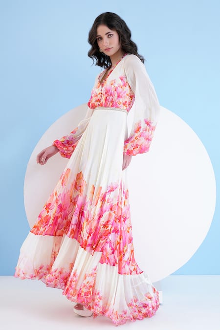 Buy_Mandira Wirk Resort_Beige Chiffon Embroidery V-neck Bauhinia Print Maxi Dress _Online_at_Aza_Fashions