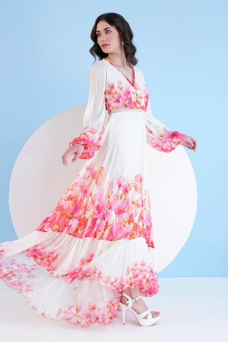 Shop_Mandira Wirk Resort_Beige Chiffon Embroidery V-neck Bauhinia Print Maxi Dress _Online_at_Aza_Fashions
