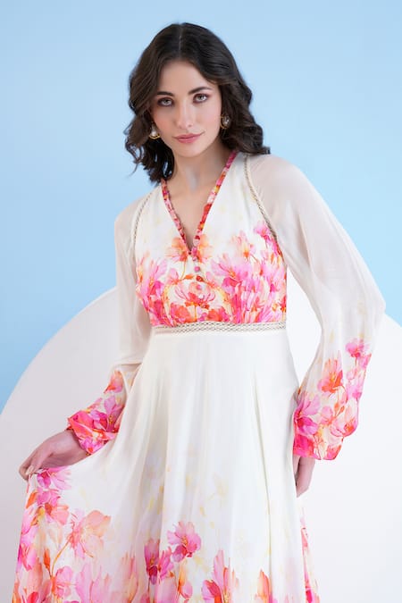 Mandira Wirk Resort_Beige Chiffon Embroidery V-neck Bauhinia Print Maxi Dress _at_Aza_Fashions