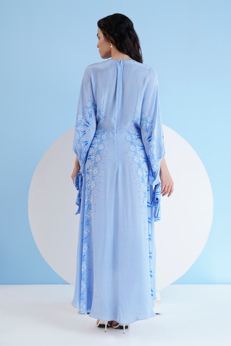 Shop Mandira Wirk Resort Blue Viscose, Crepe Embroidery Plunge Abstract Floral Print Asymmetric Dress at Aza Fashions Shop_Mandira Wirk Resort_Blue Viscose, Crepe Embroidery Plunge Abstract Floral Print Asymmetric Dress _at_Aza_Fashions