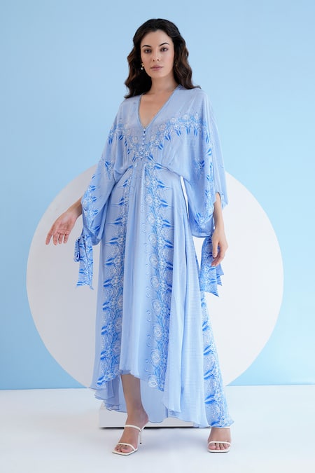 Mandira Wirk Resort Blue Viscose, Crepe Embroidery Plunge Abstract Floral Print Asymmetric Dress Online at Aza Fashions Mandira Wirk Resort_Blue Viscose, Crepe Embroidery Plunge Abstract Floral Print Asymmetric Dress _Online_at_Aza_Fashions