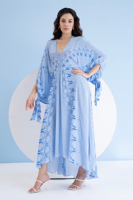 Buy Mandira Wirk Resort Blue Viscose, Crepe Embroidery Plunge Abstract Floral Print Asymmetric Dress Online at Aza Fashions Buy_Mandira Wirk Resort_Blue Viscose, Crepe Embroidery Plunge Abstract Floral Print Asymmetric Dress _Online_at_Aza_Fashions