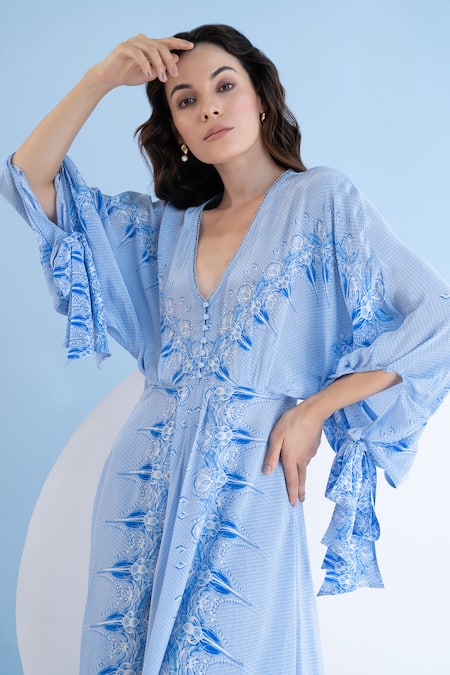 Shop Mandira Wirk Resort Blue Viscose, Crepe Embroidery Plunge Abstract Floral Print Asymmetric Dress Online at Aza Fashions Shop_Mandira Wirk Resort_Blue Viscose, Crepe Embroidery Plunge Abstract Floral Print Asymmetric Dress _Online_at_Aza_Fashions