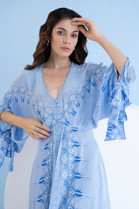 Mandira Wirk Resort Blue Viscose, Crepe Embroidery Plunge Abstract Floral Print Asymmetric Dress at Aza Fashions Mandira Wirk Resort_Blue Viscose, Crepe Embroidery Plunge Abstract Floral Print Asymmetric Dress _at_Aza_Fashions