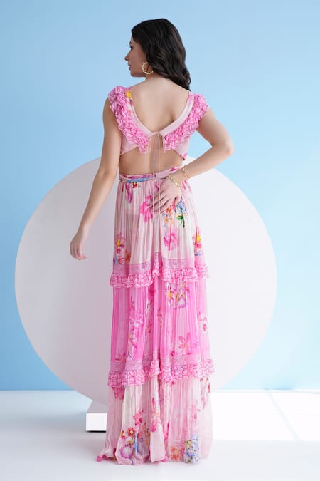 Shop_Mandira Wirk Resort_Pink Chiffon Plunge Neck Pastoral Print Maxi Dress _at_Aza_Fashions