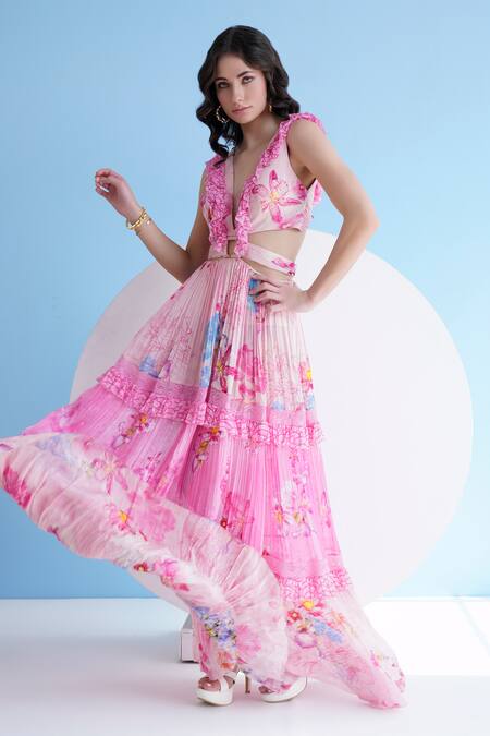 Mandira Wirk Resort_Pink Chiffon Plunge Neck Pastoral Print Maxi Dress _Online_at_Aza_Fashions