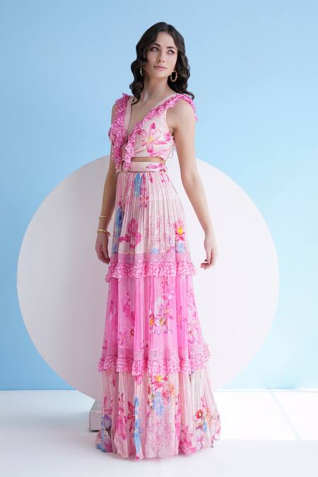 Buy_Mandira Wirk Resort_Pink Chiffon Plunge Neck Pastoral Print Maxi Dress _Online_at_Aza_Fashions