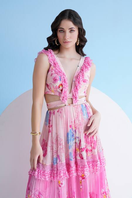 Shop_Mandira Wirk Resort_Pink Chiffon Plunge Neck Pastoral Print Maxi Dress _Online_at_Aza_Fashions