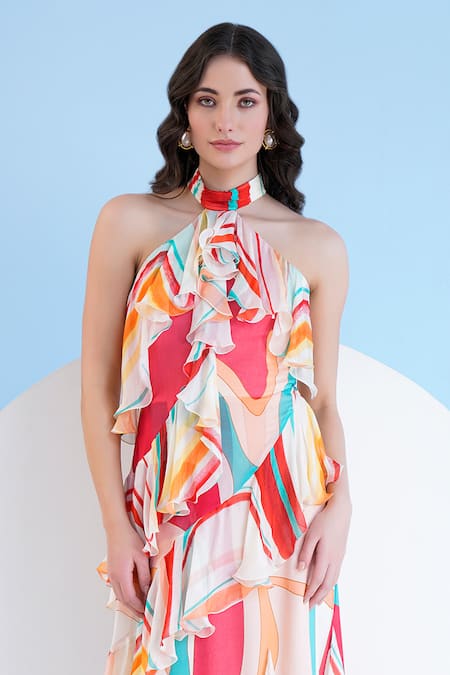Mandira Wirk Resort_Multi Color Chiffon Halter Neck Maxi Dress _Online_at_Aza_Fashions