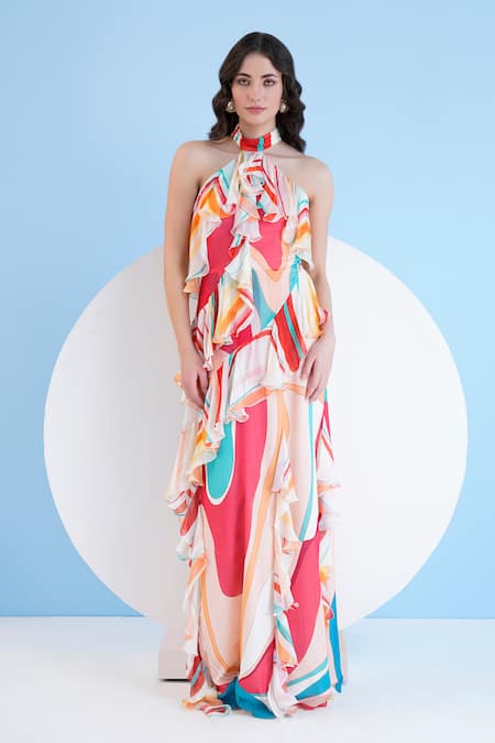 Buy_Mandira Wirk Resort_Multi Color Chiffon Halter Neck Maxi Dress _Online_at_Aza_Fashions
