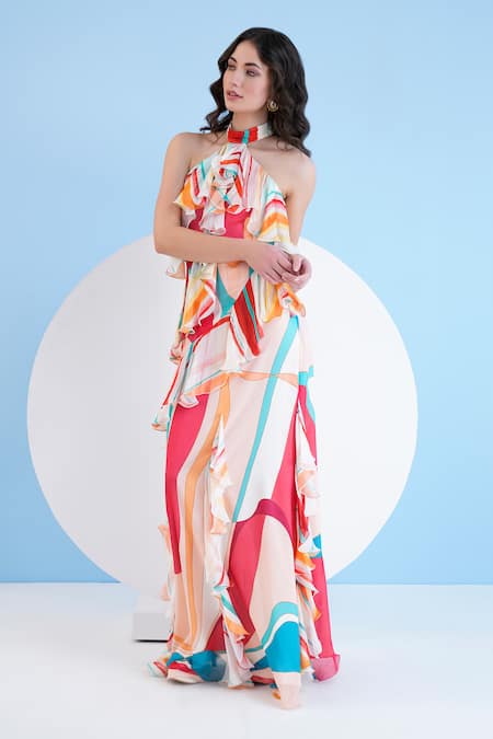 Shop_Mandira Wirk Resort_Multi Color Chiffon Halter Neck Maxi Dress _Online_at_Aza_Fashions