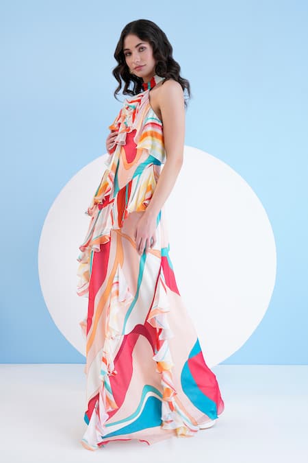 Mandira Wirk Resort_Multi Color Chiffon Halter Neck Maxi Dress _at_Aza_Fashions