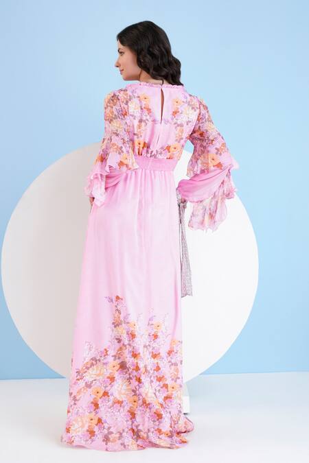 Shop_Mandira Wirk Resort_Pink Chiffon Embroidery Round Neck Floral Print Maxi Dress _at_Aza_Fashions
