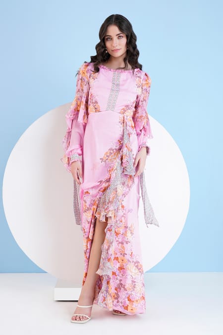 Mandira Wirk Resort_Pink Chiffon Embroidery Round Neck Floral Print Maxi Dress _Online_at_Aza_Fashions