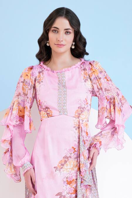 Buy_Mandira Wirk Resort_Pink Chiffon Embroidery Round Neck Floral Print Maxi Dress _Online_at_Aza_Fashions