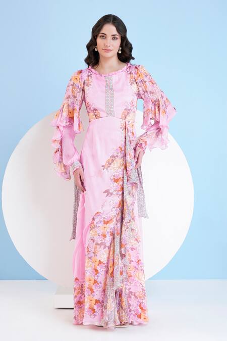 Shop_Mandira Wirk Resort_Pink Chiffon Embroidery Round Neck Floral Print Maxi Dress _Online_at_Aza_Fashions