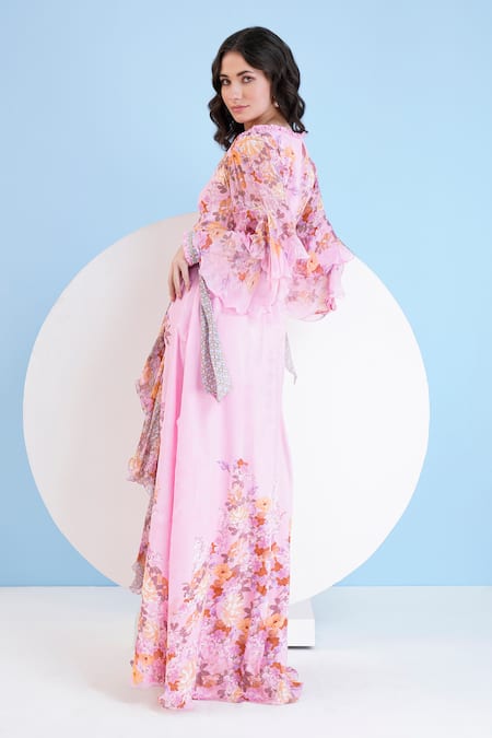 Mandira Wirk Resort_Pink Chiffon Embroidery Round Neck Floral Print Maxi Dress _at_Aza_Fashions