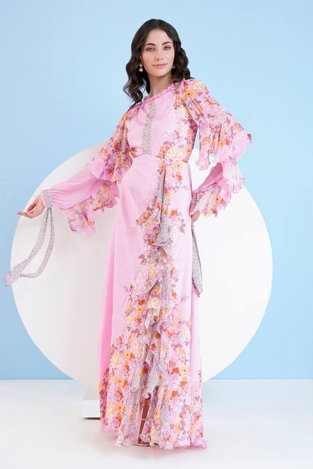 Buy_Mandira Wirk Resort_Pink Chiffon Embroidery Round Neck Floral Print Maxi Dress 