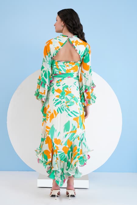 Shop Mandira Wirk Resort Green Chiffon Open Neck Abstract Print Asymmetric Dress at Aza Fashions Shop_Mandira Wirk Resort_Green Chiffon Open Neck Abstract Print Asymmetric Dress _at_Aza_Fashions