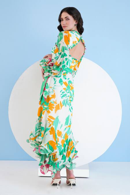 Mandira Wirk Resort Green Chiffon Open Neck Abstract Print Asymmetric Dress Online at Aza Fashions Mandira Wirk Resort_Green Chiffon Open Neck Abstract Print Asymmetric Dress _Online_at_Aza_Fashions