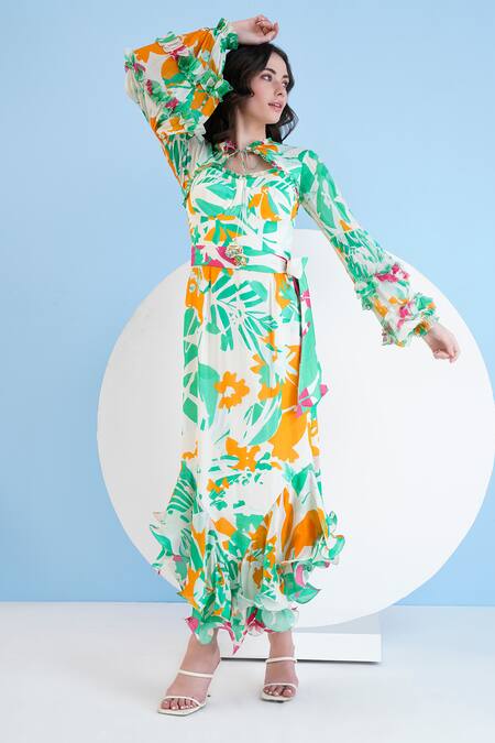 Buy Mandira Wirk Resort Green Chiffon Open Neck Abstract Print Asymmetric Dress Online at Aza Fashions Buy_Mandira Wirk Resort_Green Chiffon Open Neck Abstract Print Asymmetric Dress _Online_at_Aza_Fashions