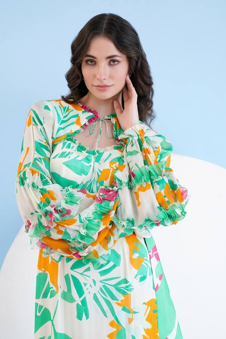 Shop Mandira Wirk Resort Green Chiffon Open Neck Abstract Print Asymmetric Dress Online at Aza Fashions Shop_Mandira Wirk Resort_Green Chiffon Open Neck Abstract Print Asymmetric Dress _Online_at_Aza_Fashions