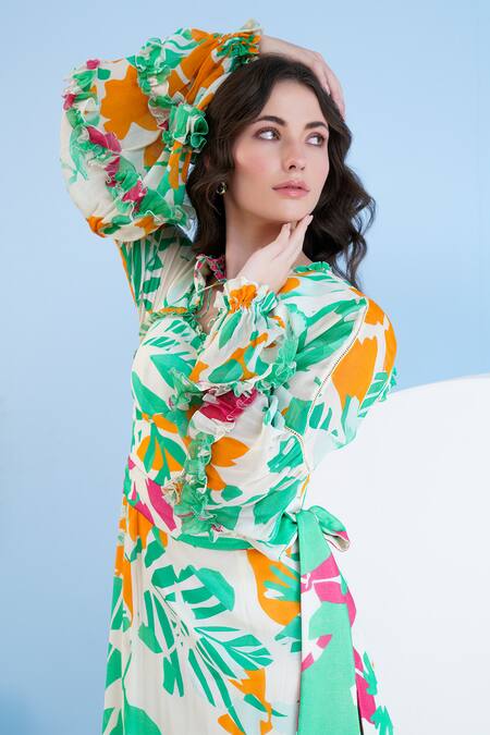 Mandira Wirk Resort Green Chiffon Open Neck Abstract Print Asymmetric Dress at Aza Fashions Mandira Wirk Resort_Green Chiffon Open Neck Abstract Print Asymmetric Dress _at_Aza_Fashions
