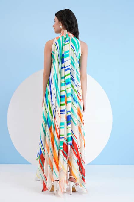 Shop Mandira Wirk Resort Multi Color Chiffon Sequins, Beads, Embroidery Mystic Line Print Midi Dress at Aza Fashions Shop_Mandira Wirk Resort_Multi Color Chiffon Sequins, Beads, Embroidery Mystic Line Print Midi Dress _at_Aza_Fashions