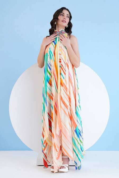 Mandira Wirk Resort Multi Color Chiffon Sequins, Beads, Embroidery Mystic Line Print Midi Dress Online at Aza Fashions Mandira Wirk Resort_Multi Color Chiffon Sequins, Beads, Embroidery Mystic Line Print Midi Dress _Online_at_Aza_Fashions