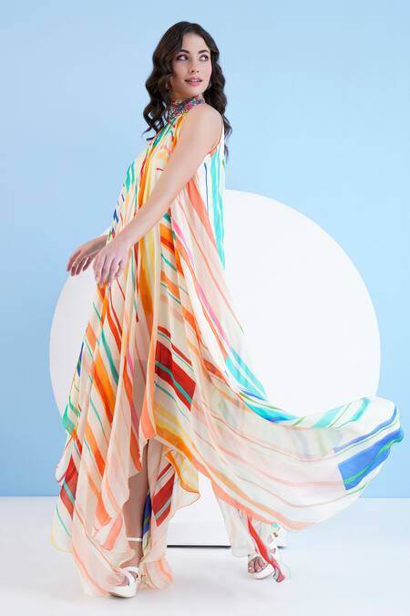 Buy Mandira Wirk Resort Multi Color Chiffon Sequins, Beads, Embroidery Mystic Line Print Midi Dress Online at Aza Fashions Buy_Mandira Wirk Resort_Multi Color Chiffon Sequins, Beads, Embroidery Mystic Line Print Midi Dress _Online_at_Aza_Fashions