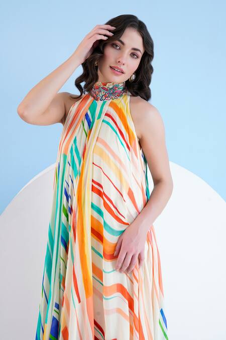 Shop Mandira Wirk Resort Multi Color Chiffon Sequins, Beads, Embroidery Mystic Line Print Midi Dress Online at Aza Fashions Shop_Mandira Wirk Resort_Multi Color Chiffon Sequins, Beads, Embroidery Mystic Line Print Midi Dress _Online_at_Aza_Fashions