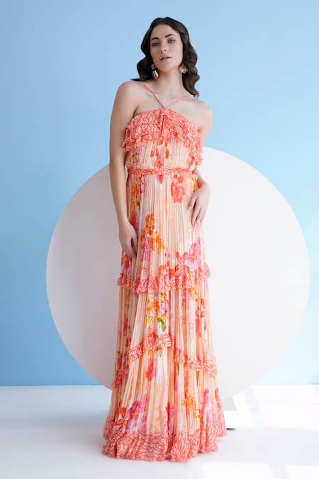 Shop_Mandira Wirk Resort_Orange Chiffon Fringe Halter Neck Floral Print Pleated Maxi Dress _at_Aza_Fashions