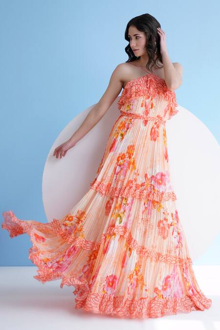 Buy_Mandira Wirk Resort_Orange Chiffon Fringe Halter Neck Floral Print Pleated Maxi Dress _Online_at_Aza_Fashions
