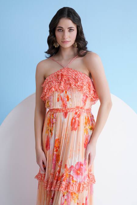 Shop_Mandira Wirk Resort_Orange Chiffon Fringe Halter Neck Floral Print Pleated Maxi Dress _Online_at_Aza_Fashions