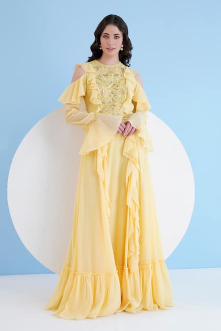 Mandira Wirk Yellow Viscose Georgette Embellished Floral High Yoke Maxi Dress