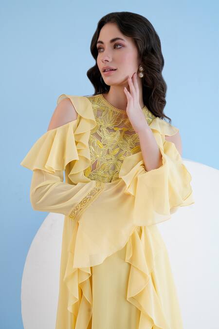 Buy Mandira Wirk Resort Yellow Viscose, Georgette Sequins, Beads High Neck Embellished Yoke Maxi Dress Online at Aza Fashions Buy_Mandira Wirk Resort_Yellow Viscose, Georgette Sequins, Beads High Neck Embellished Yoke Maxi Dress _Online_at_Aza_Fashions