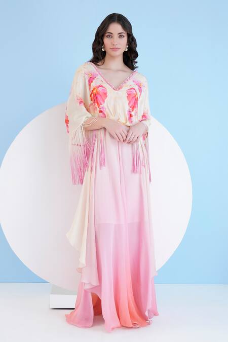 Mandira Wirk Resort Peach Viscose, Crepe Pearls Plunge Neck Bauhinia Print Ombre Dress Online at Aza Fashions Mandira Wirk Resort_Peach Viscose, Crepe Pearls Plunge Neck Bauhinia Print Ombre Dress _Online_at_Aza_Fashions