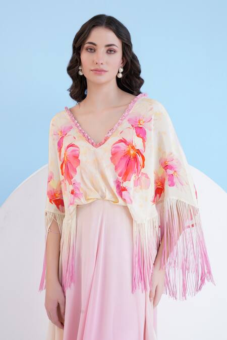 Buy Mandira Wirk Resort Peach Viscose, Crepe Pearls Plunge Neck Bauhinia Print Ombre Dress Online at Aza Fashions Buy_Mandira Wirk Resort_Peach Viscose, Crepe Pearls Plunge Neck Bauhinia Print Ombre Dress _Online_at_Aza_Fashions