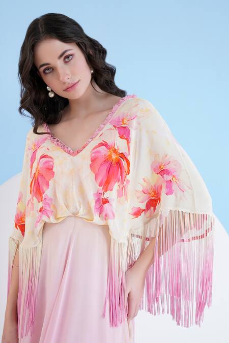 Shop Mandira Wirk Resort Peach Viscose, Crepe Pearls Plunge Neck Bauhinia Print Ombre Dress Online at Aza Fashions Shop_Mandira Wirk Resort_Peach Viscose, Crepe Pearls Plunge Neck Bauhinia Print Ombre Dress _Online_at_Aza_Fashions