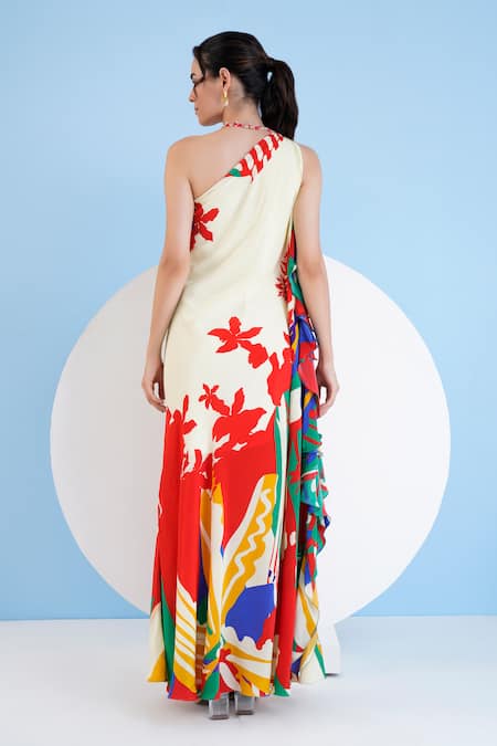 Shop Mandira Wirk Resort Multi Color Viscose, Crepe Beads Asymmetric Valiant Print One Shoulder Dress at Aza Fashions Shop_Mandira Wirk Resort_Multi Color Viscose, Crepe Beads Asymmetric Valiant Print One Shoulder Dress _at_Aza_Fashions