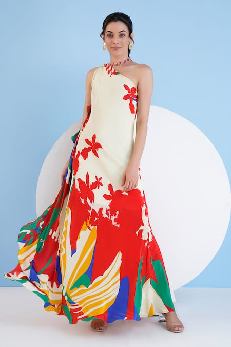 Mandira Wirk Resort Multi Color Viscose, Crepe Beads Asymmetric Valiant Print One Shoulder Dress Online at Aza Fashions Mandira Wirk Resort_Multi Color Viscose, Crepe Beads Asymmetric Valiant Print One Shoulder Dress _Online_at_Aza_Fashions