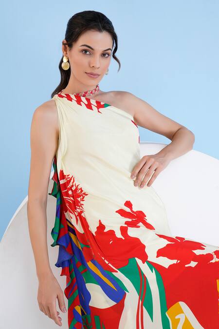 Shop Mandira Wirk Resort Multi Color Viscose, Crepe Beads Asymmetric Valiant Print One Shoulder Dress Online at Aza Fashions Shop_Mandira Wirk Resort_Multi Color Viscose, Crepe Beads Asymmetric Valiant Print One Shoulder Dress _Online_at_Aza_Fashions