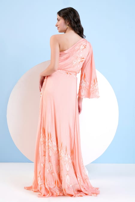 Shop Mandira Wirk Resort Orange Viscose Lace, Embroidery One Abstract Floral Print Panelled Dress at Aza Fashions Shop_Mandira Wirk Resort_Orange Viscose Lace, Embroidery One Abstract Floral Print Panelled Dress _at_Aza_Fashions