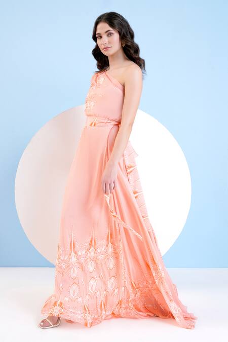 Mandira Wirk Resort Orange Viscose Lace, Embroidery One Abstract Floral Print Panelled Dress Online at Aza Fashions Mandira Wirk Resort_Orange Viscose Lace, Embroidery One Abstract Floral Print Panelled Dress _Online_at_Aza_Fashions