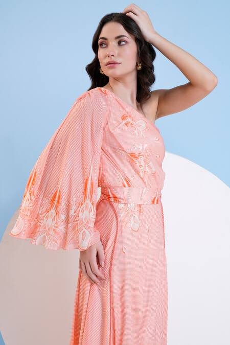 Shop Mandira Wirk Resort Orange Viscose Lace, Embroidery One Abstract Floral Print Panelled Dress Online at Aza Fashions Shop_Mandira Wirk Resort_Orange Viscose Lace, Embroidery One Abstract Floral Print Panelled Dress _Online_at_Aza_Fashions